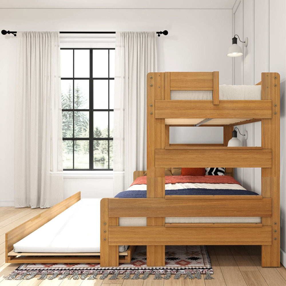 Max and Lily Modern Farmhouse Twin Over Full Bunk Bed With Trundle in Pecan - full bedroom scene with the trundle bed pulled out, styled with bedding near a curtained window.