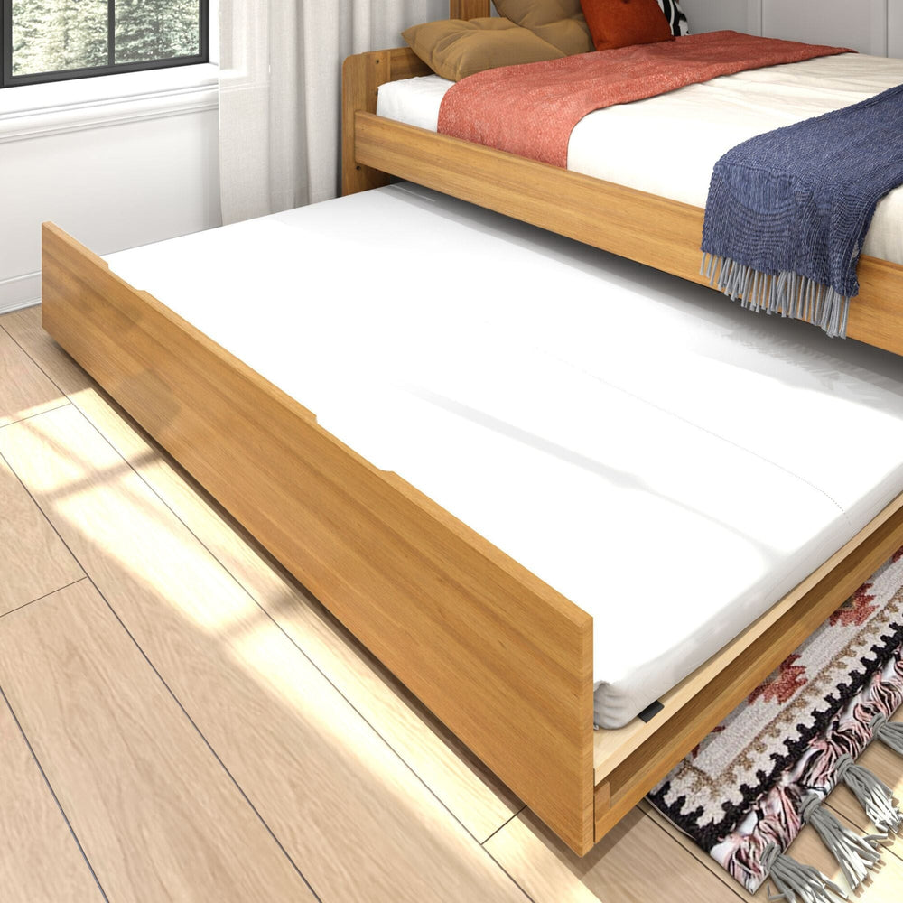 Max and Lily Modern Farmhouse Twin Over Full Bunk Bed With Trundle in Pecan - close-up of the pull-out trundle bed extended from beneath the lower full bed.
