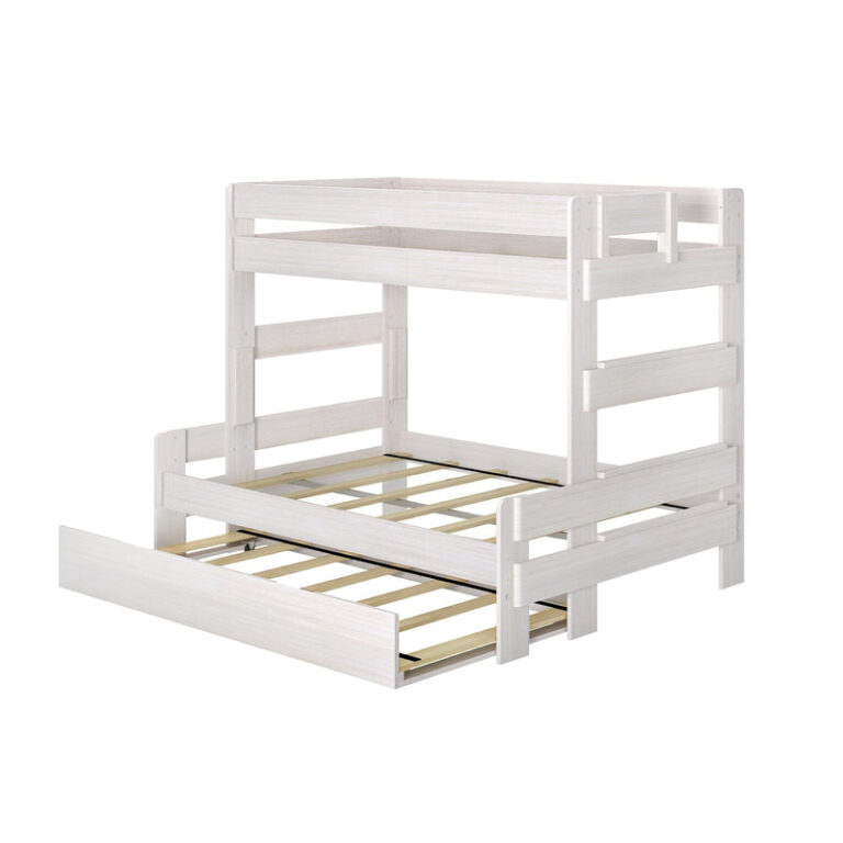 Max and Lily Modern Farmhouse Twin Over Full Bunk Bed With Trundle in White Wash - angled product view on a white background showing the wooden slats and the trundle pulled out.