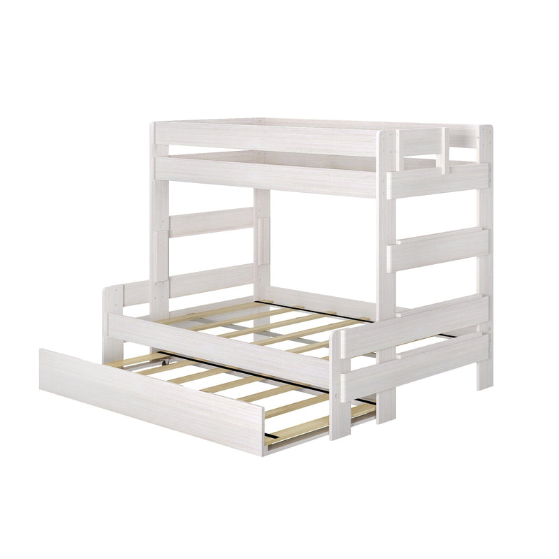 Max and Lily Modern Farmhouse Twin Over Full Bunk Bed With Trundle in White Wash - angled product view on a white background showing the wooden slats and the trundle pulled out.