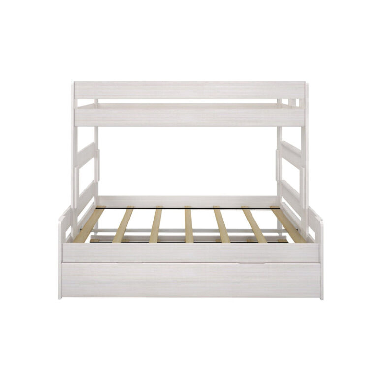 Max and Lily Modern Farmhouse Twin Over Full Bunk Bed With Trundle in White Wash - front product view on a white background showing the frame, guardrails and closed trundle.