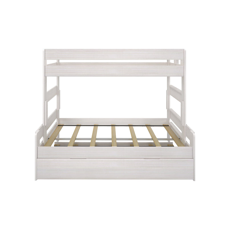 Max and Lily Modern Farmhouse Twin Over Full Bunk Bed With Trundle in White Wash - front product view on a white background showing the frame, guardrails and closed trundle.