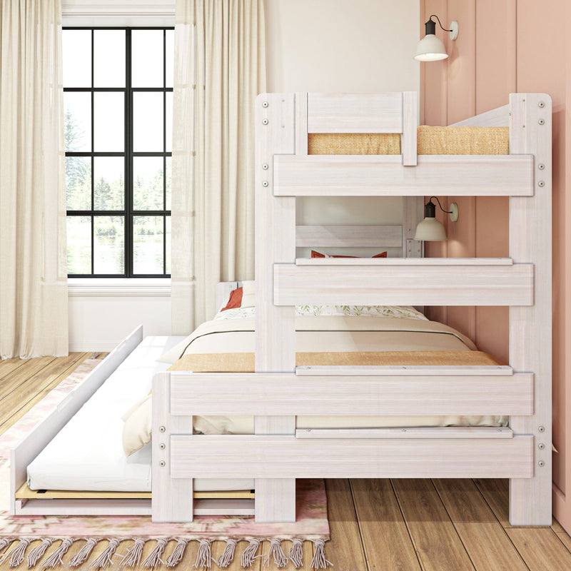 Max and Lily Modern Farmhouse Twin Over Full Bunk Bed With Trundle in White Wash - close view of the built-in end ladder against a farmhouse styled bedroom wall.
