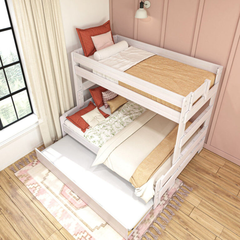 Max and Lily Modern Farmhouse Twin Over Full Bunk Bed With Trundle in White Wash - overhead view of both bunks made up with bedding and the trundle extended in a styled bedroom.