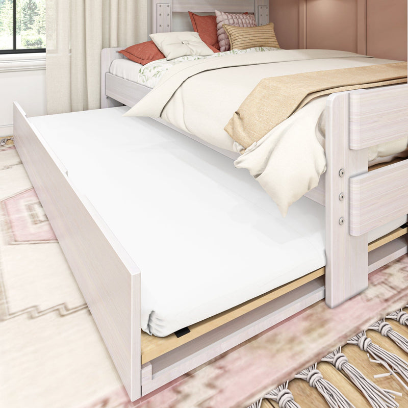Max and Lily Modern Farmhouse Twin Over Full Bunk Bed With Trundle in White Wash - close view of the pull-out trundle bed extended beneath the made-up lower full bunk.