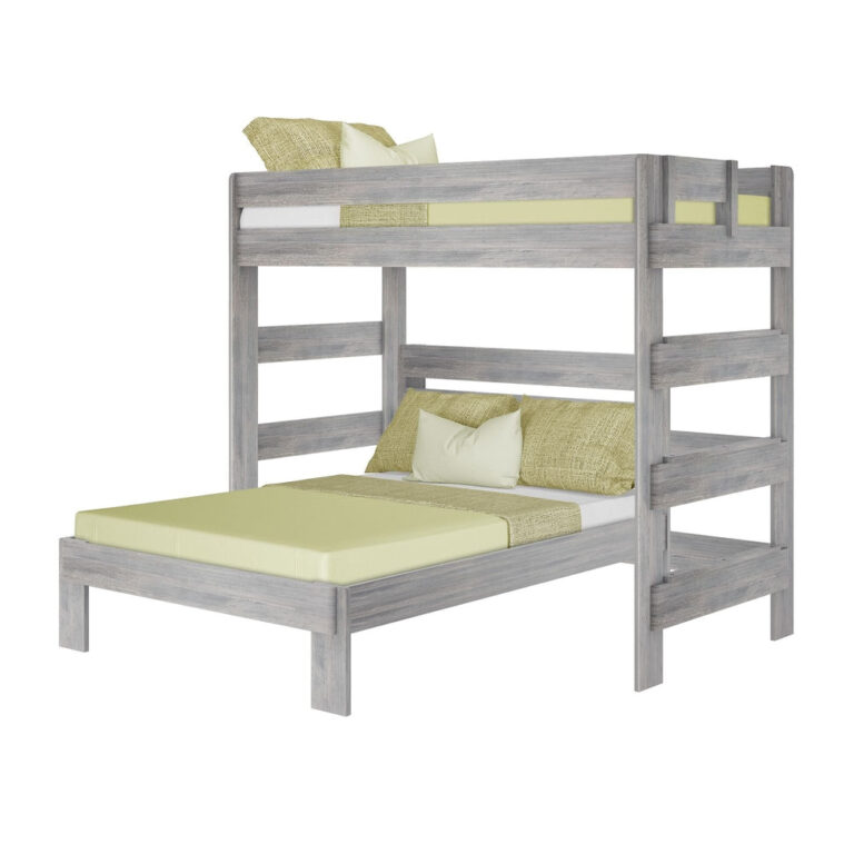 Max and Lily Modern Farmhouse Twin Over Full L-Shaped Bunk Bed in Driftwood - angled studio view on a white background showing the L-shaped layout with ladder and guardrails.
