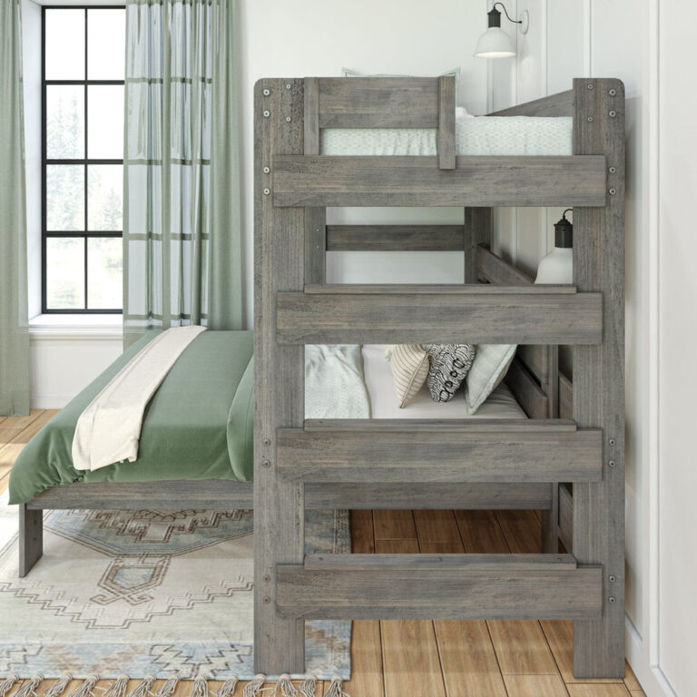 Max and Lily Modern Farmhouse Twin Over Full L-Shaped Bunk Bed in Driftwood - close-up of the ladder rungs leading up to the twin top bunk.