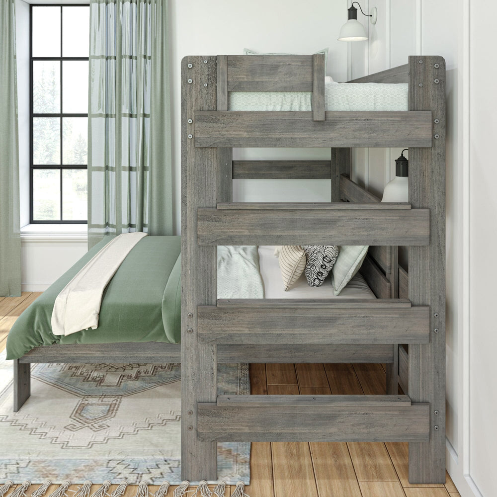 Max and Lily Modern Farmhouse Twin Over Full L-Shaped Bunk Bed in Driftwood - close-up of the ladder rungs leading up to the twin top bunk.