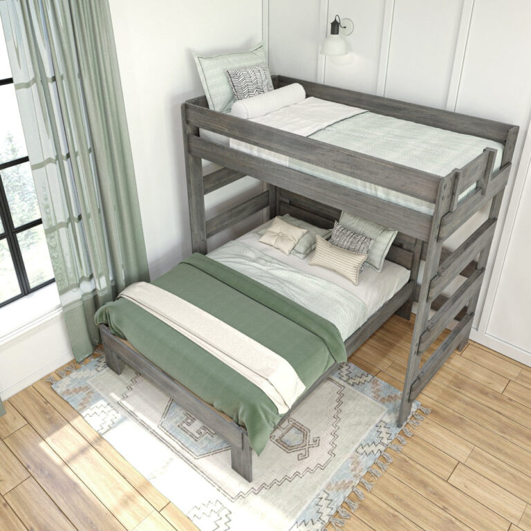 Max and Lily Modern Farmhouse Twin Over Full L-Shaped Bunk Bed in Driftwood - overhead view of the twin top bunk and full lower bed with safety guardrails in a styled bedroom.