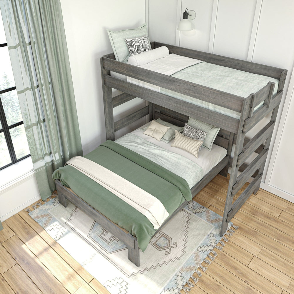 Max and Lily Modern Farmhouse Twin Over Full L-Shaped Bunk Bed in Driftwood - overhead view of the twin top bunk and full lower bed with safety guardrails in a styled bedroom.