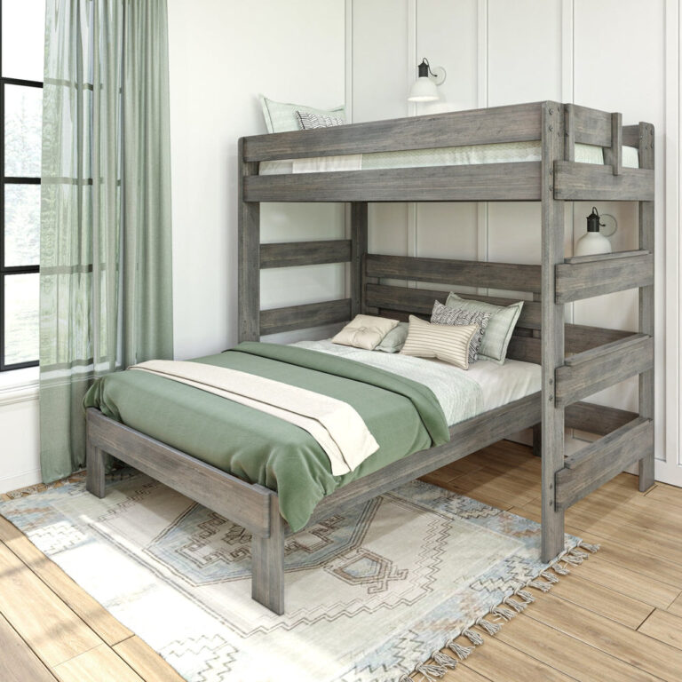 Max and Lily Modern Farmhouse Twin Over Full L-Shaped Bunk Bed in Driftwood - full bedroom scene showing the twin top bunk over the full lower bed with safety guardrails, ladder, and green curtains.