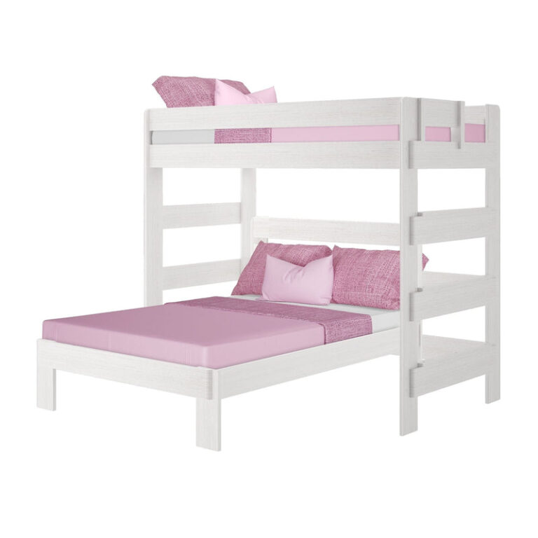Max and Lily Modern Farmhouse Twin Over Full L-Shaped Bunk Bed in White Wash - studio angled view showing the upper twin bunk, end ladder and lower full bed.