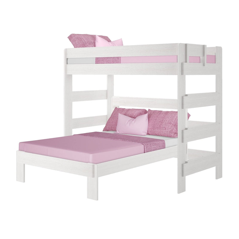 Max and Lily Modern Farmhouse Twin Over Full L-Shaped Bunk Bed in White Wash - studio angled view showing the upper twin bunk, end ladder and lower full bed.