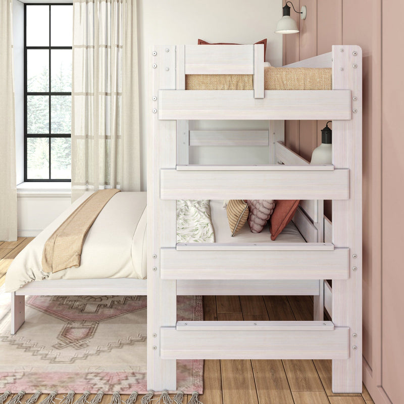 Max and Lily Modern Farmhouse Twin Over Full L-Shaped Bunk Bed in White Wash - side view highlighting the fixed end ladder and the upper bunk safety guardrails.