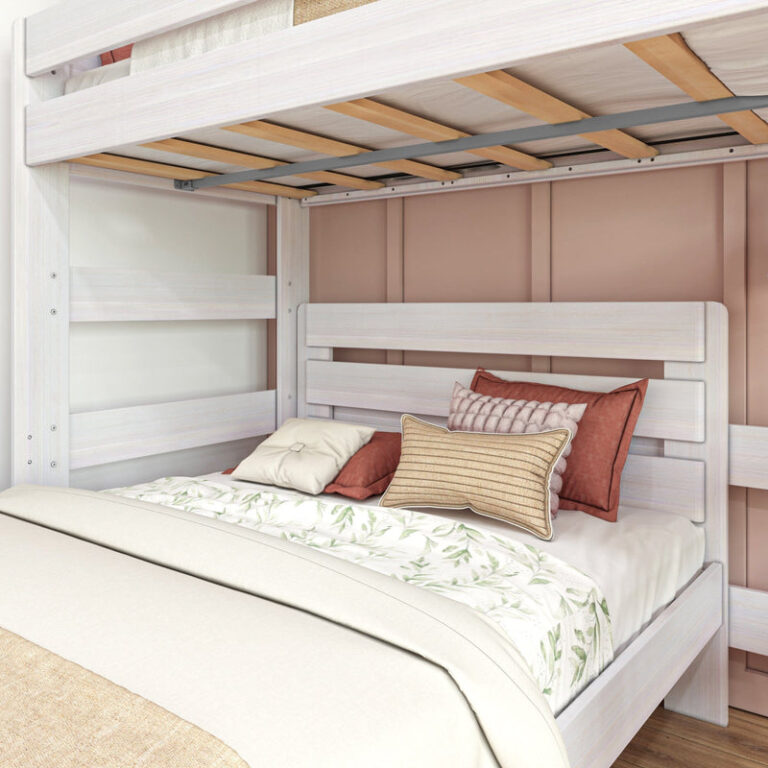 Max and Lily Modern Farmhouse Twin Over Full L-Shaped Bunk Bed in White Wash - close-up of the lower full bed headboard and the wood slats supporting the upper bunk.