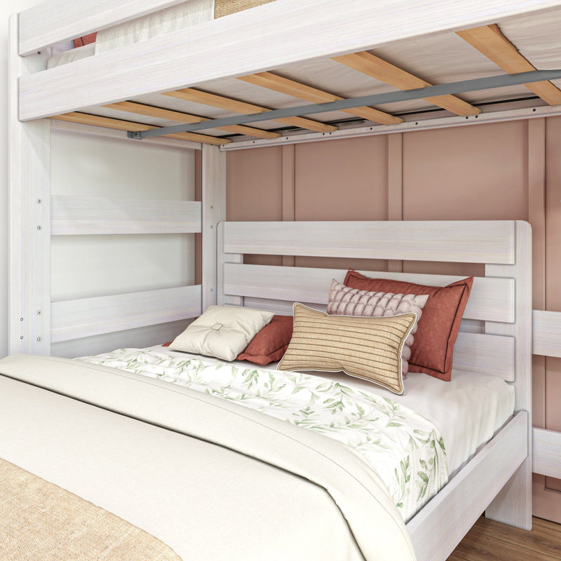 Max and Lily Modern Farmhouse Twin Over Full L-Shaped Bunk Bed in White Wash - close-up of the lower full bed headboard and the wood slats supporting the upper bunk.