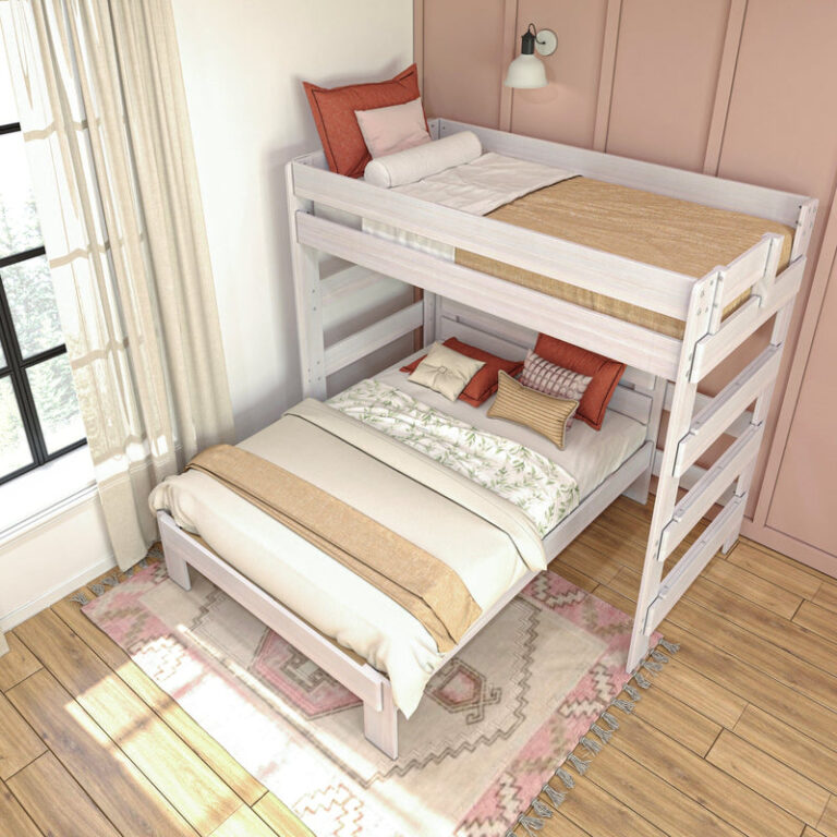 Max and Lily Modern Farmhouse Twin Over Full L-Shaped Bunk Bed in White Wash - overhead angled view of the twin over full L-shaped bunk in a styled pink bedroom.