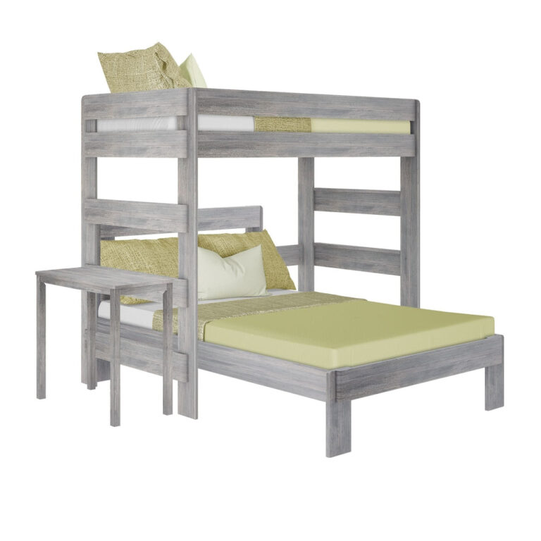 Max and Lily Modern Farmhouse Twin Over Full L-Shaped Bunk Bed With Desk in Driftwood - angle view of the full set on a white background showing the upper loft, lower full bed, ladder, and desk.