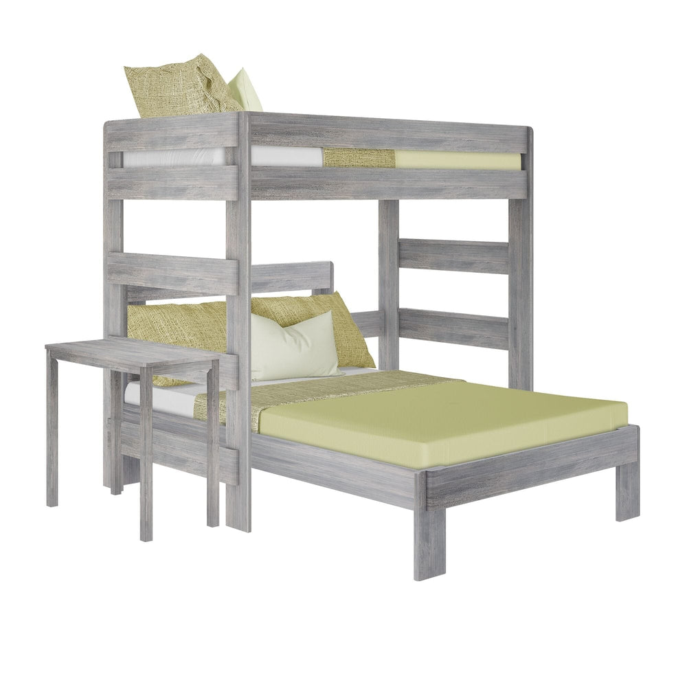 Max and Lily Modern Farmhouse Twin Over Full L-Shaped Bunk Bed With Desk in Driftwood - angle view of the full set on a white background showing the upper loft, lower full bed, ladder, and desk.