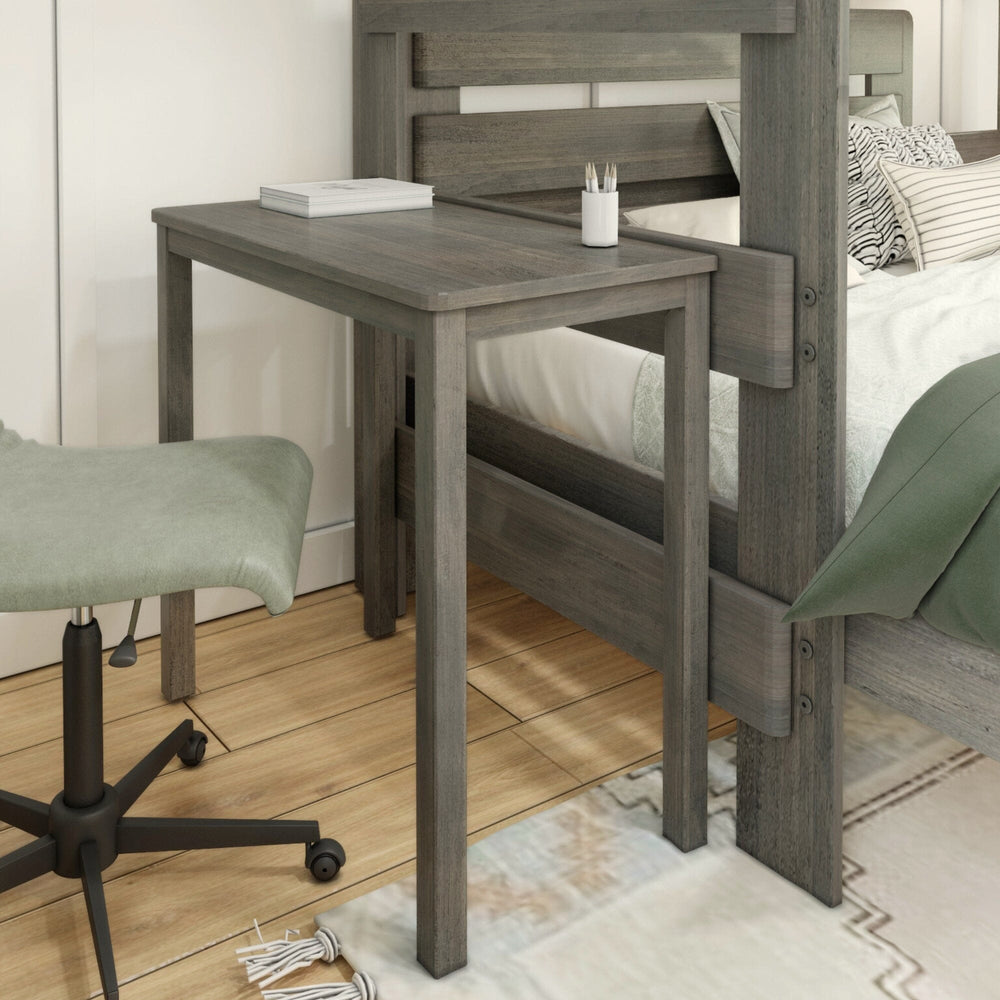 Max and Lily Modern Farmhouse Twin Over Full L-Shaped Bunk Bed With Desk in Driftwood - close-up of the attached desk and upholstered rolling chair beside the lower bed's slatted headboard.