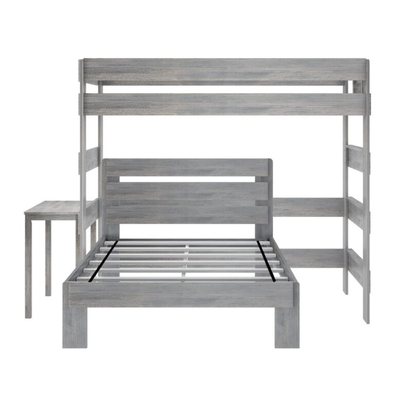 Max and Lily Modern Farmhouse Twin Over Full L-Shaped Bunk Bed With Desk in Driftwood - front view on a white background showing the slat platform, headboard, side ladder, and attached desk.