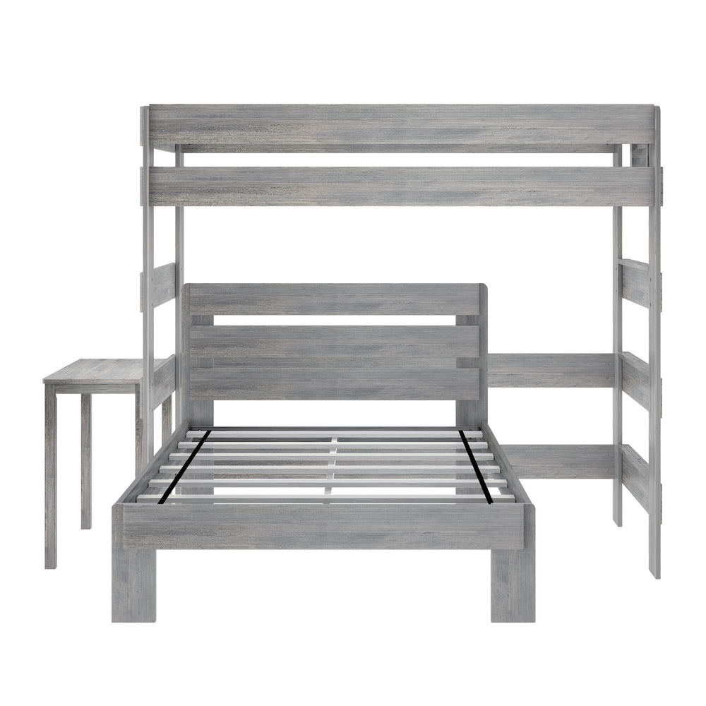 Max and Lily Modern Farmhouse Twin Over Full L-Shaped Bunk Bed With Desk in Driftwood - front view on a white background showing the slat platform, headboard, side ladder, and attached desk.