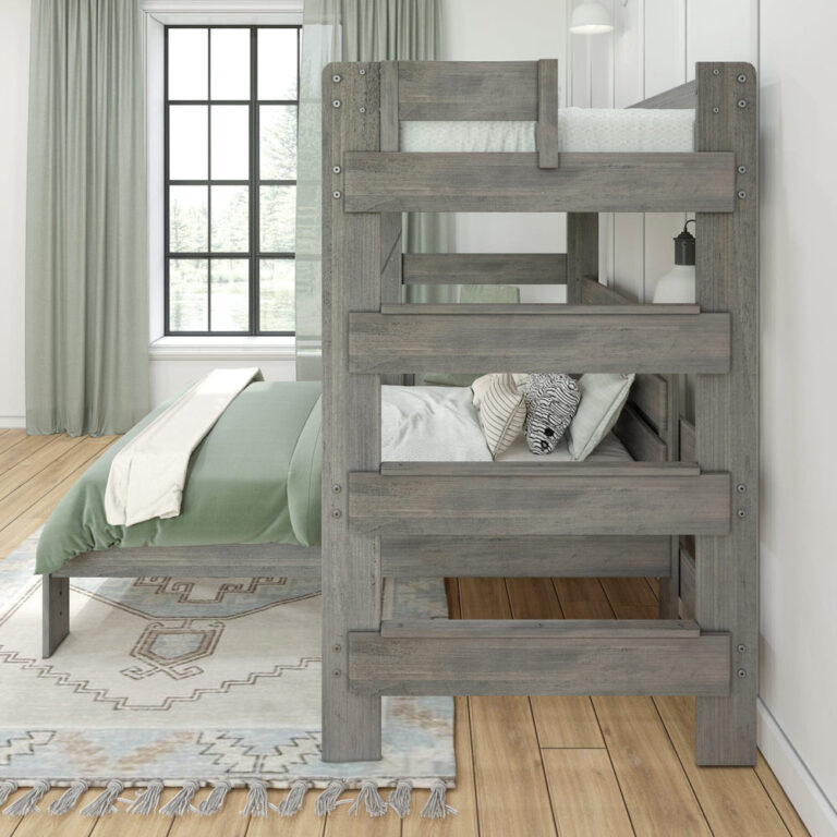 Max and Lily Modern Farmhouse Twin Over Full L-Shaped Bunk Bed With Desk in Driftwood - close-up of the built-in ladder and guardrails with the lower bed and window in the background.