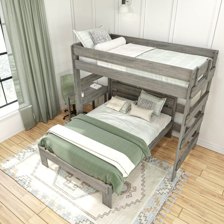 Max and Lily Modern Farmhouse Twin Over Full L-Shaped Bunk Bed With Desk in Driftwood - overhead angle of the styled room showing the upper loft bedding, lower full bed, desk, and chair.