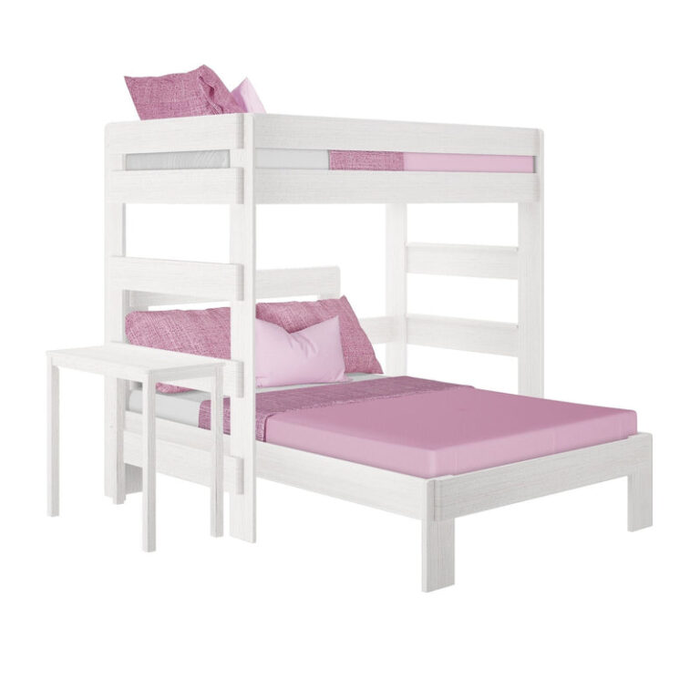Max and Lily Modern Farmhouse Twin Over Full L-Shaped Bunk Bed With Desk in White Wash - angled product view of the L-shaped bunk with upper twin bunk, lower full bed, guardrails, and side desk on a white background.
