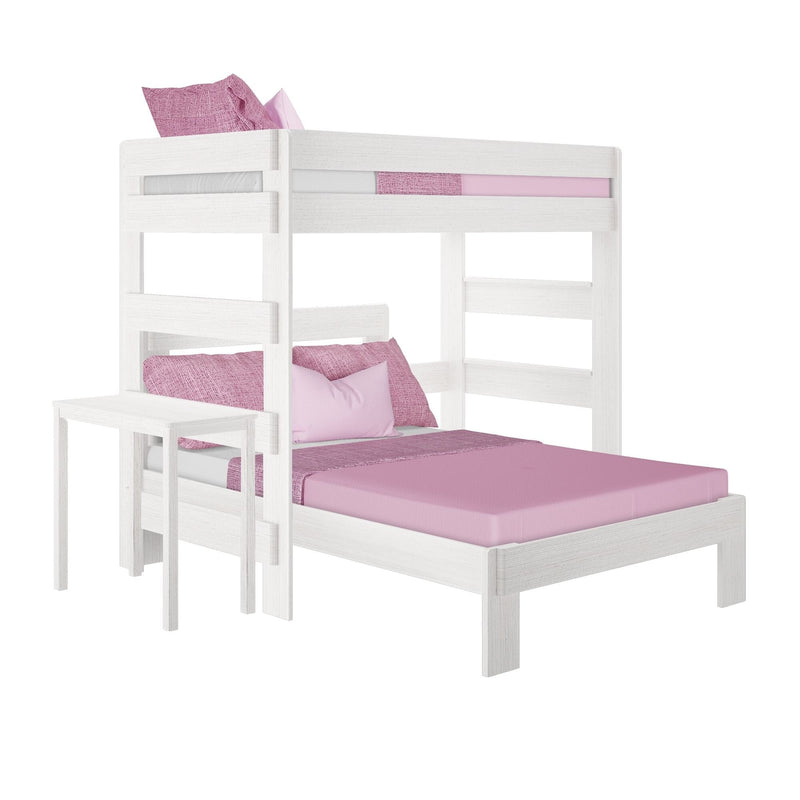 Max and Lily Modern Farmhouse Twin Over Full L-Shaped Bunk Bed With Desk in White Wash - angled product view of the L-shaped bunk with upper twin bunk, lower full bed, guardrails, and side desk on a white background.