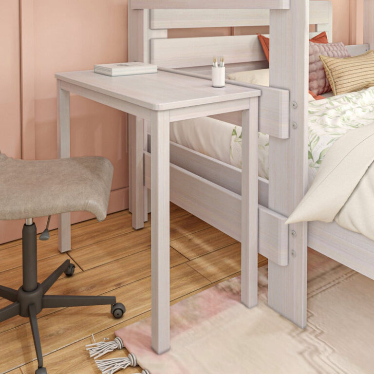 Max and Lily Modern Farmhouse Twin Over Full L-Shaped Bunk Bed With Desk in White Wash - close-up of the attached study desk with books and a pencil cup beside the lower bed and chair.