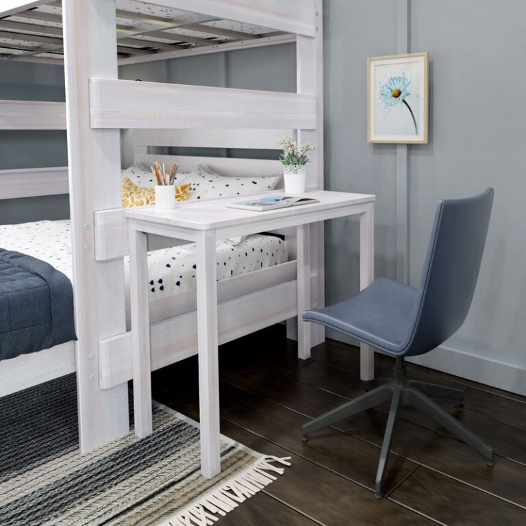 Max and Lily Modern Farmhouse Twin Over Full L-Shaped Bunk Bed With Desk in White Wash - study desk tucked under the elevated upper bunk with an office chair and rug.