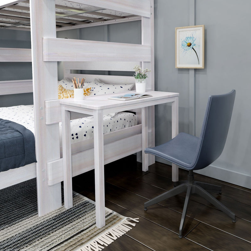Max and Lily Modern Farmhouse Twin Over Full L-Shaped Bunk Bed With Desk in White Wash - study desk tucked under the elevated upper bunk with an office chair and rug.