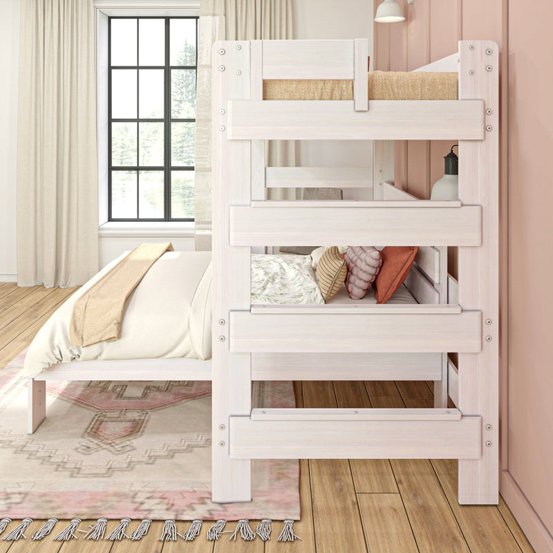 Max and Lily Modern Farmhouse Twin Over Full L-Shaped Bunk Bed With Desk in White Wash - close-up of the side ladder rungs and upper bunk guardrail.