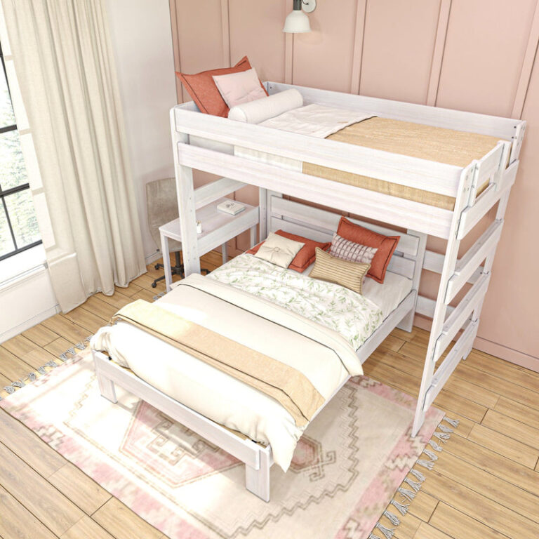 Max and Lily Modern Farmhouse Twin Over Full L-Shaped Bunk Bed With Desk in White Wash - overhead view in a pink bedroom showing the full lower bed, twin upper bunk, side desk, bedding, and area rug.