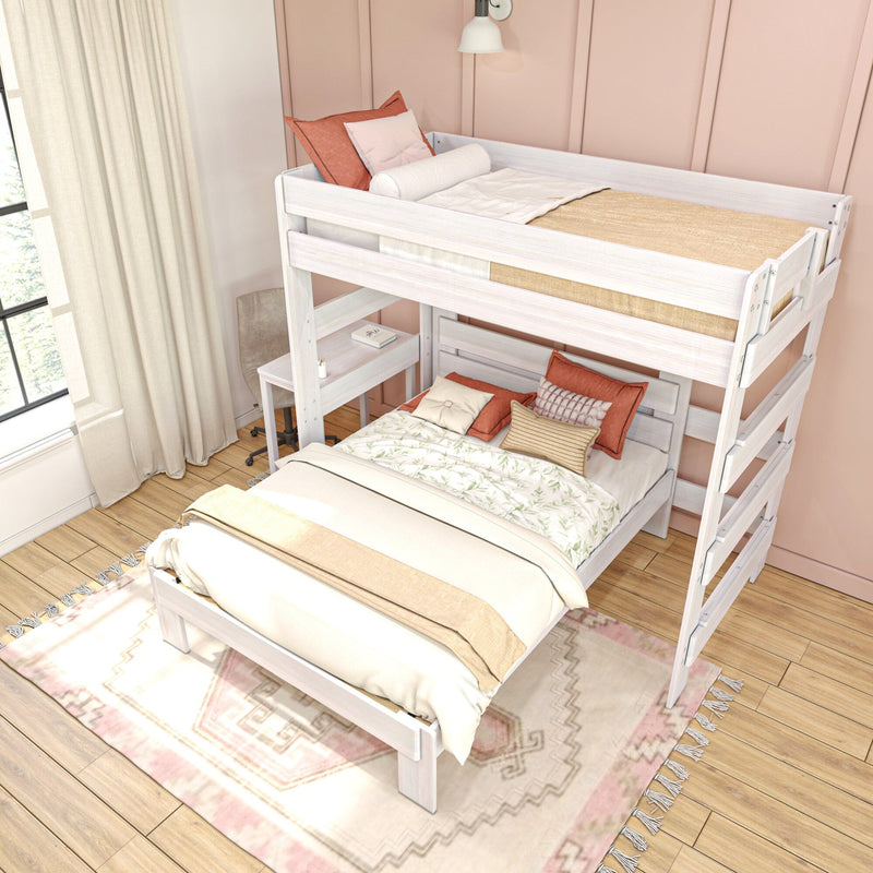 Max and Lily Modern Farmhouse Twin Over Full L-Shaped Bunk Bed With Desk in White Wash - overhead view in a pink bedroom showing the full lower bed, twin upper bunk, side desk, bedding, and area rug.