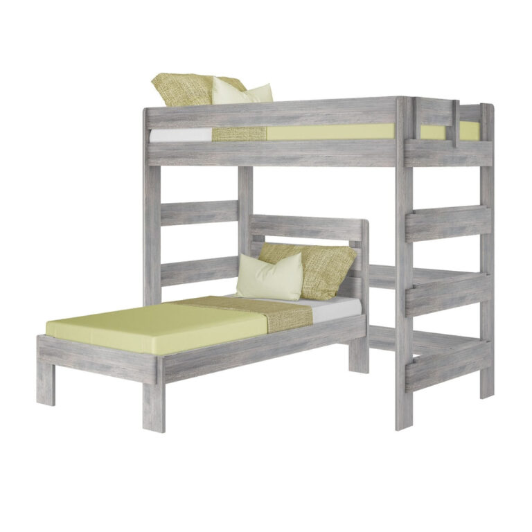 Max and Lily Modern Farmhouse Twin Over Twin L-Shaped Bunk Bed in Driftwood - angled studio view of the full L-shaped bunk on a white background showing the upper bunk, ladder and lower twin bed