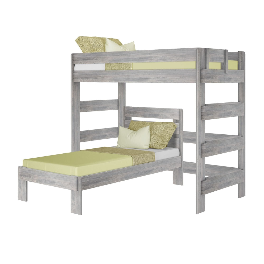 Max and Lily Modern Farmhouse Twin Over Twin L-Shaped Bunk Bed in Driftwood - angled studio view of the full L-shaped bunk on a white background showing the upper bunk, ladder and lower twin bed
