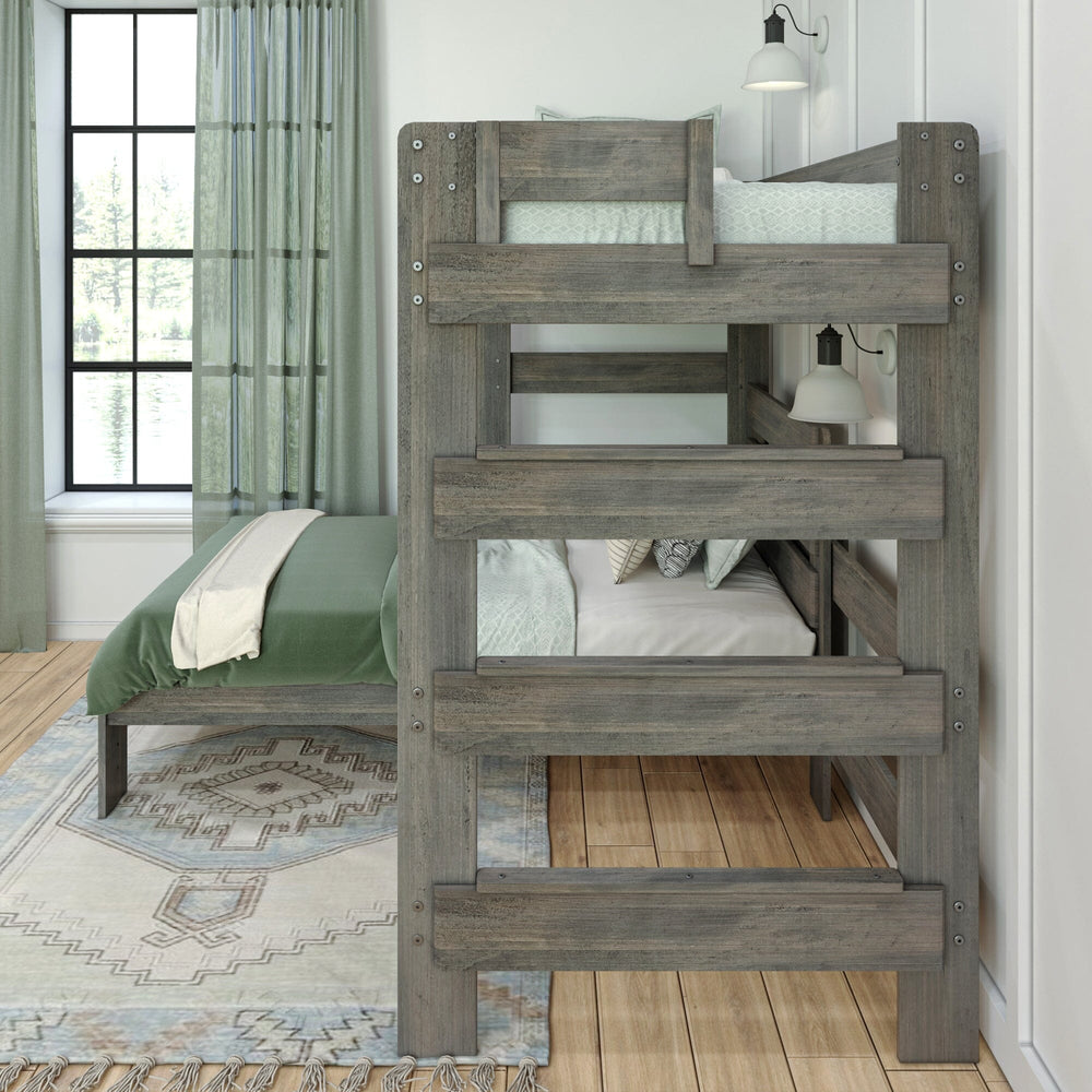 Max and Lily Modern Farmhouse Twin Over Twin L-Shaped Bunk Bed in Driftwood - close-up of the integrated end ladder and horizontal safety guardrails on the bunk bed