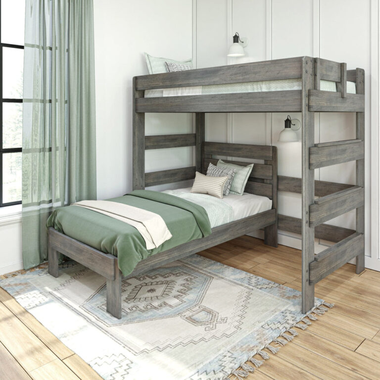 Max and Lily Modern Farmhouse Twin Over Twin L-Shaped Bunk Bed in Driftwood - L-shaped bunk bed styled in a bedroom with green bedding, sheer curtains and a patterned area rug