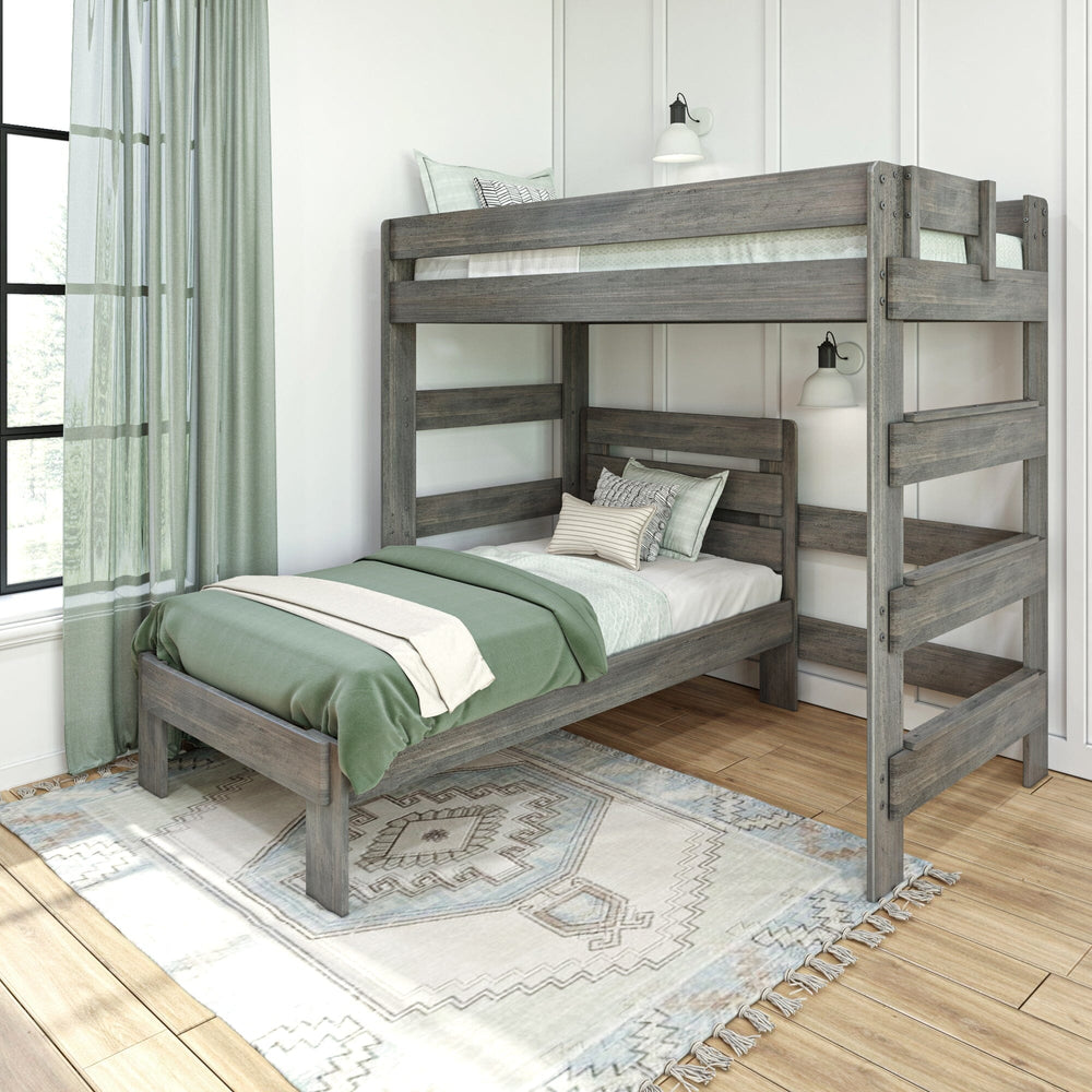 Max and Lily Modern Farmhouse Twin Over Twin L-Shaped Bunk Bed in Driftwood - L-shaped bunk bed styled in a bedroom with green bedding, sheer curtains and a patterned area rug