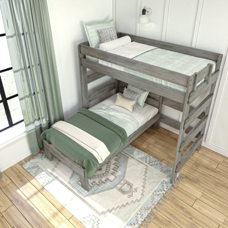 Max and Lily Modern Farmhouse Twin Over Twin L-Shaped Bunk Bed in Driftwood - overhead room view of the L-shaped bunk with the perpendicular lower twin bed, green bedding and area rug