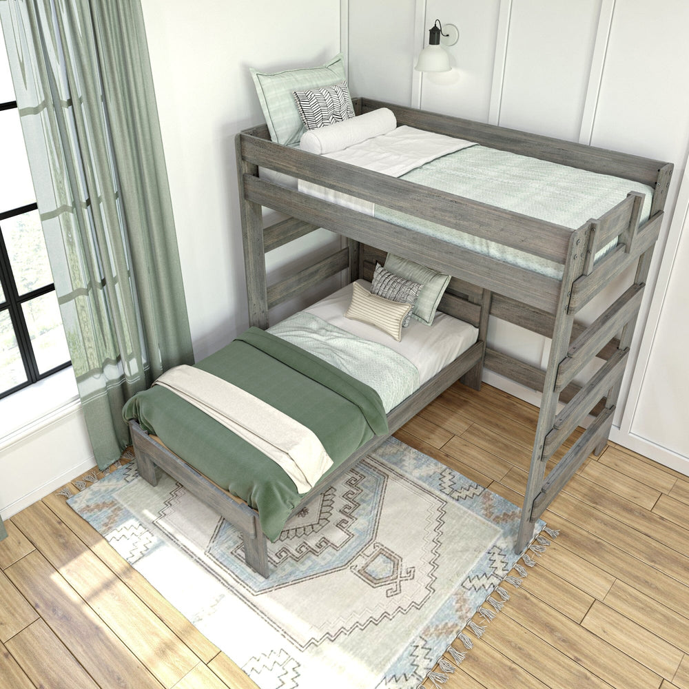 Max and Lily Modern Farmhouse Twin Over Twin L-Shaped Bunk Bed in Driftwood - overhead room view of the L-shaped bunk with the perpendicular lower twin bed, green bedding and area rug