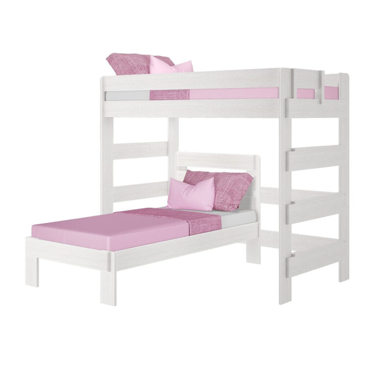 Max and Lily Modern Farmhouse Twin Over Twin L-Shaped Bunk Bed in White Wash - angled studio view on a white background showing the L-shaped layout with side ladder.