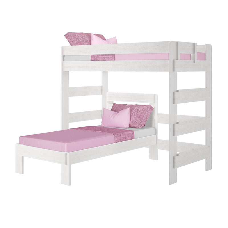Max and Lily Modern Farmhouse Twin Over Twin L-Shaped Bunk Bed in White Wash - angled studio view on a white background showing the L-shaped layout with side ladder.