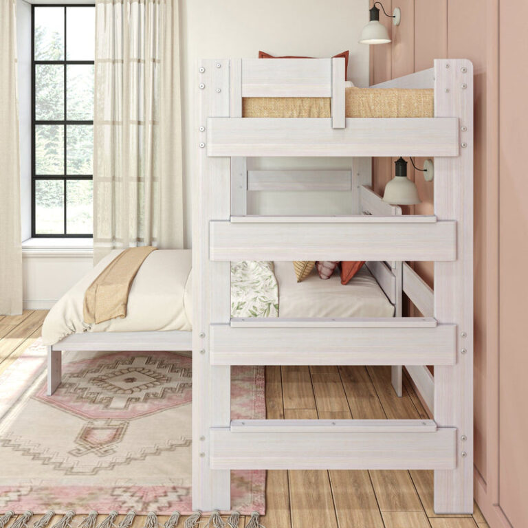 Max and Lily Modern Farmhouse Twin Over Twin L-Shaped Bunk Bed in White Wash - side view of the integrated ladder rungs at the end of the bunk.