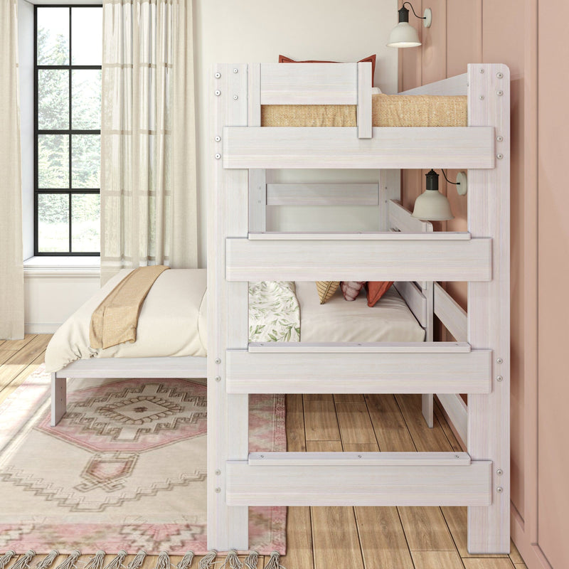 Max and Lily Modern Farmhouse Twin Over Twin L-Shaped Bunk Bed in White Wash - side view of the integrated ladder rungs at the end of the bunk.