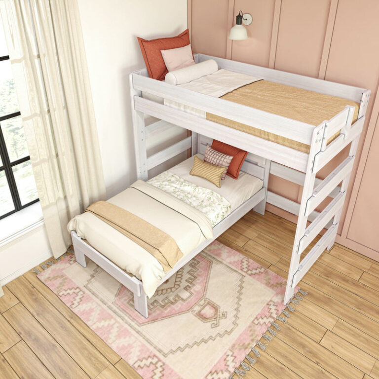 Max and Lily Modern Farmhouse Twin Over Twin L-Shaped Bunk Bed in White Wash - overhead angle in a styled bedroom showing the guardrailed upper bunk and the lower twin bed.