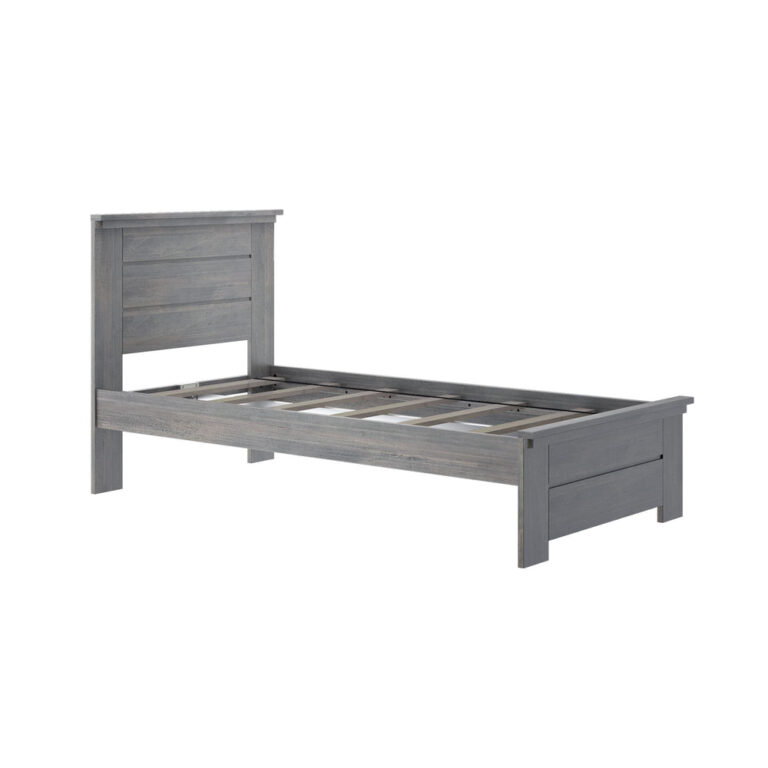 Max And Lily Modern Farmhouse Twin Panel Bed Driftwood Angle View Max and Lily Modern Farmhouse Twin Panel Bed in Driftwood - angled product view showing the panel headboard, footboard, and slat support frame