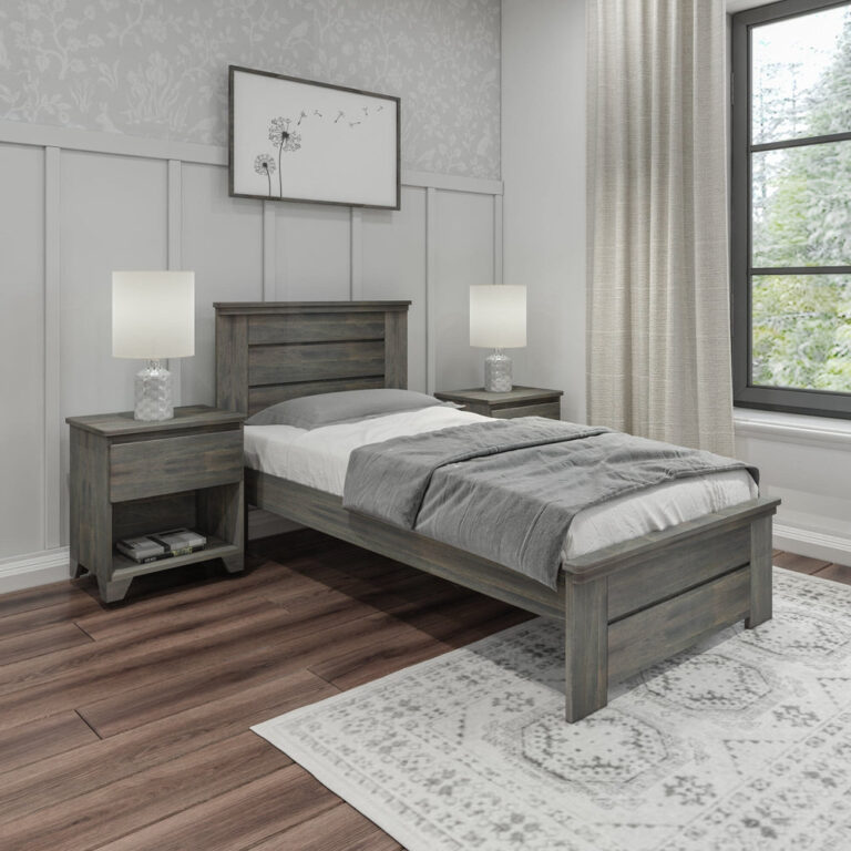 Max And Lily Modern Farmhouse Twin Panel Bed Driftwood Room Scene 1 Max and Lily Modern Farmhouse Twin Panel Bed in Driftwood - styled bedroom with matching nightstands, table lamps, and framed wall art